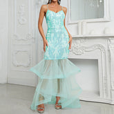 Sequin Sling Dress Vitality Party Dress Backless Fishtail Patchwork Maxi Organza