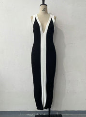 Vestido Hepburn de punto negro con escote en V, tirantes finos y colores a juego en la parte delantera y trasera