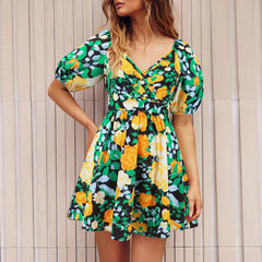 V Neck Printed Beach Dress Lantern Sleeve Short Dress Popular
