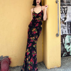 Colorful floral pattern fitted fishtail maxi dress