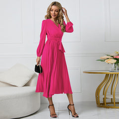 Long Sleeve Slim Fit Pleated Belt V neck Dress A line Dress