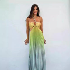 Personalized Gradient Color Halter Pleated Long Dress