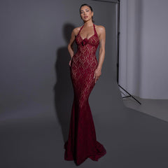 Halterneck with Suspenders Slim Fit Lace Mesh Dress Maxi Dress Evening Dress