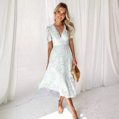 Office V neck Short Sleeve Lace Solid Color Midi