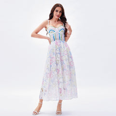 French Romantic Holiday Beaded Strap Tube Top Dress Three Dimensional Floral Fairy Boning Corset Waist Tight Princess Sling Dress