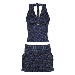 Polka Dot V neck Halter Vest Ruffle Hip Tiered Dress Mini Mid Length Skirt Two Piece Sets