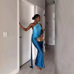 Sleeveless Oblique Shoulder Gradient Color Slim Hip Dress Long