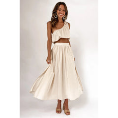 Solid Color Office Shoulder Lace up Two Piece Dress