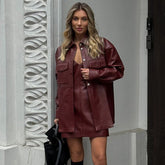 Faux Leather Vintage Dress Set Design Collared Long Sleeve Cardigan Short Sling Dress Two Piece Sets