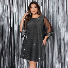 Plus Size DressSequ round Neck Loose Waist Short Sleeve Dress