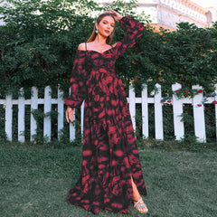 Bohemian Holiday Vintage Printed Stitching Waist Floral Long Sleeve Dress Long Dress