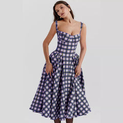 Vestido estilo europeo con cuello en U y cuadros, cintura estrecha, estilo retro, con vuelo grande