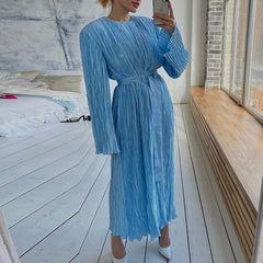 Long Sleeved Belt Pleated Dress Office High Sense Loose Maxi Dress