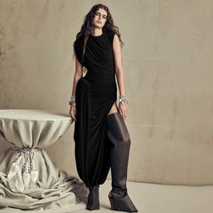 Solid Color round Neck Sleeveless Waist Tight Pleated Backless Elegant Dress