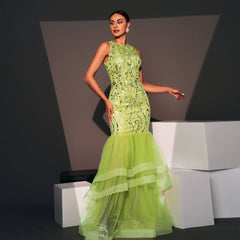 Elegantes, langes, paillettenbesetztes, ärmelloses Cocktail-Abendkleid mit Rundhalsausschnitt, Brautjungfernkleid
