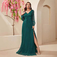 Dress Long Sleeve Chiffon V neck Slit Dress Waist Controlled Lace up Pleated Maxi Dress