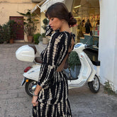 Pleating Layered Large Swing Dress Tie Dyed Printed V neck Backless Dress