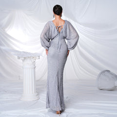 Elegante vestido de noche largo con lentejuelas, cuello en V y manga larga para cóctel y dama de honor.