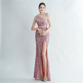 Heavy Industry Ostrich Hair Craft Beading Hair Oblique Shoulder Side Slit High End Evening Dress