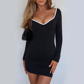 Solid Color Long Sleeve Square Neck Slim Fit Sheath Dress