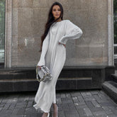 Dress Pleated round Neck Long Sleeve Solid Color Loose Maxi Dress Slimming Casual