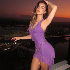 Solid Color Sleeveless Halter Lace Up Wooden Ear Mesh Stitching Dress