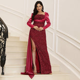 Red Evening High Grade Off Shoulder Backless Sequined Toast Dress Cocktail