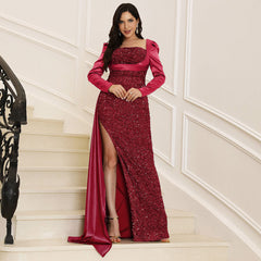 Vestido de cóctel rojo de noche de alta calidad con hombros descubiertos, espalda descubierta y lentejuelas tostadas