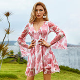 Deep V Plunge Plunge Bell Sleeve Dress Chiffon Printed Short