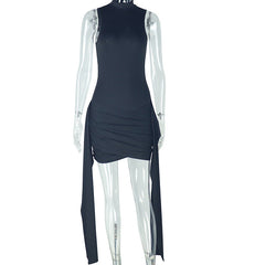 Personality Wear Pleated Stitching Tied Slim Fit Bag Hip Dress Casual Solid Color StCollar Short Dress