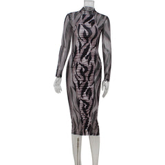 Slim Fit Mesh Floral Print Pleated Design Hip Long Sleeve Half Turtleneck Dress