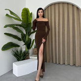 Off Shoulder Chest Slimming Pleated Split SocialiteElegant Dress