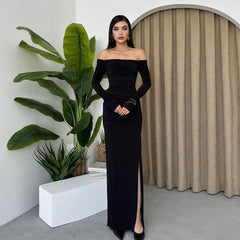 Off Shoulder Chest Slimming Pleated Split SocialiteElegant Dress