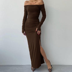 Off Shoulder Chest Slimming Pleated Split SocialiteElegant Dress
