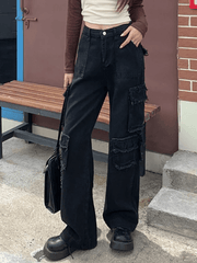 Black Distressed Straight Leg Cargo Jeans