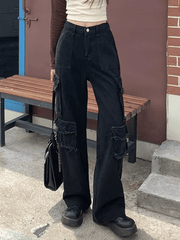 Black Distressed Straight Leg Cargo Jeans
