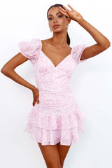 Pink Dress Bow Elegant Puff Sleeve Floral Print V Neck Short Dress