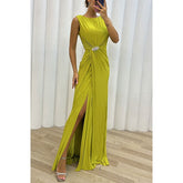 Pleated Split Casual Dress Sleeveless Dress Evening