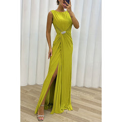 Pleated Split Casual Dress Sleeveless Dress Evening