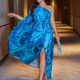 Plus Size Casual Dress Printed One Shoulder Waist Vacation Dress