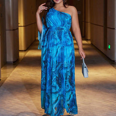 Vestido casual de talla grande con estampado de un solo hombro y cintura para vacaciones