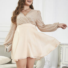 Plus Size Sequin Stitching Gauzy Gown Cross Long Sleeves Party Dress