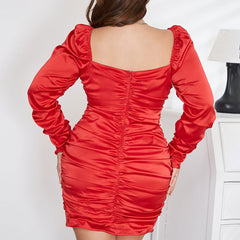 Plus Size Elegant Dress Hollow Out Cutout Out Long Sleeve Pleated Backless Dress