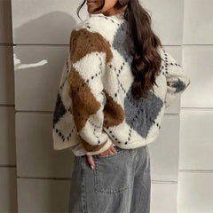 Preppy Aesthetic Argyle Cardigan