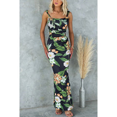 Printed Casual Elastic Sling Dress Holiday Pleated Zipper Dress