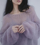 Mesh-Strickpullover mit Puffärmeln