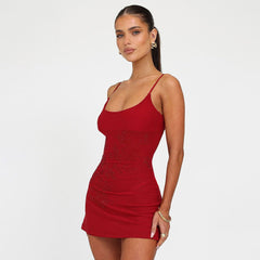 Vestido con tirantes de diamantes de imitación, sin espalda, sin mangas, ajustado a la cadera