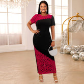 Vestido de fiesta con cuello redondo, mangas asimétricas, costuras de encaje, color en contraste y cintura alta