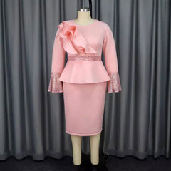 Vestido de fiesta con cuello redondo, mangas acampanadas y volantes, cintura alta