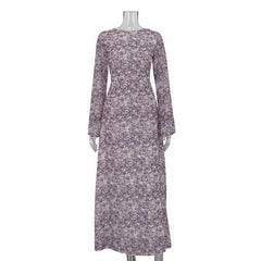 Vestido francés floral de cuello redondo, elegante, ajustado y con cintura atada.